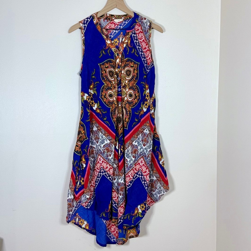 Seven Islands Womens Midi Dress 1X Blue Patchwork Scarf Print Handkerchief Hem